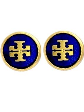 Tory Burch semiprecious lapis blue round button stud logo earrings